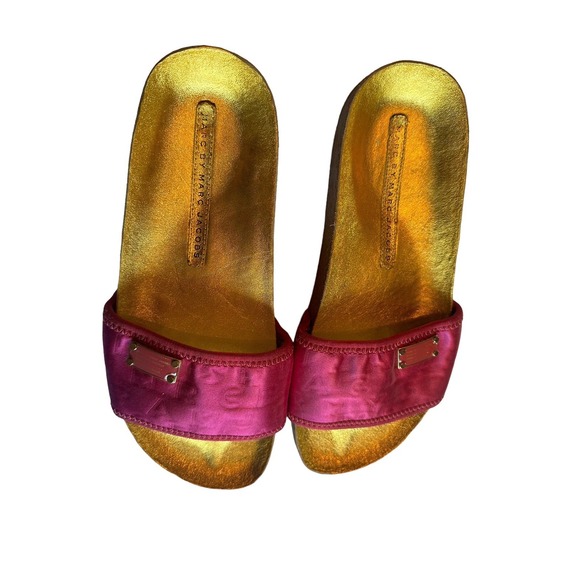 Marc By Marc Jacobs Logo Tag Slides Metallic‎ Pink Sandals Shoes Sz 8 #S46-8 - Picture 3 of 6